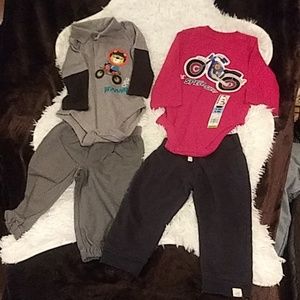 2 complete outfits. Colors, Grey, Black & Red. 6/9